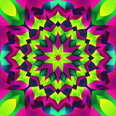 Close up of colorful kaleidoscope shapes on black background created using generative ai technology. Abstract background and colour concept digitally generated image.の素材