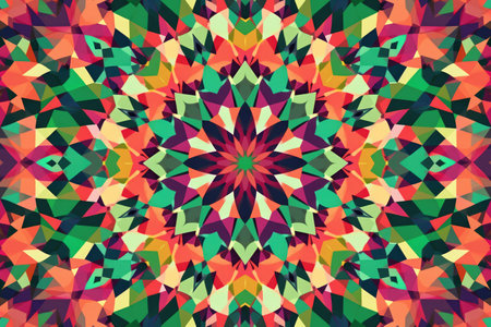 Close up of colorful kaleidoscope shapes on black background created using generative ai technology. Abstract background and colour concept digitally generated image.の素材