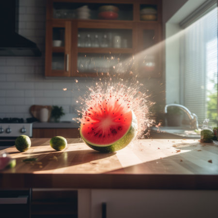 Watermelon exploding on countertop in kitchen created using generative ai technology. Explosion and fruit concept digitally generated image.の素材