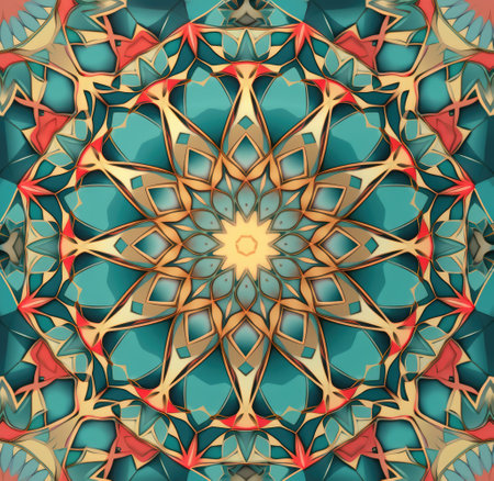 Close up of blue and red kaleidoscope shapes created using generative ai technology. Abstract background and colour concept digitally generated image.の素材