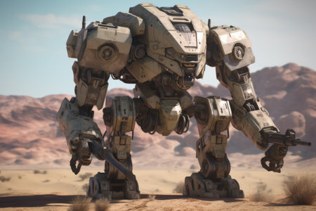Mecha giant robot over desert, created using generative ai technology. Mecha, science fiction and machines concept digitally generated image.の素材