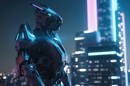 Grey mecha giant robot with lights over cityscape, created using generative ai technology. Mecha, science fiction and machines concept digitally generated image.の素材