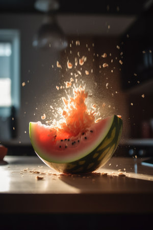 Watermelon exploding on countertop in kitchen created using generative ai technology. Explosion and fruit concept digitally generated image.の素材