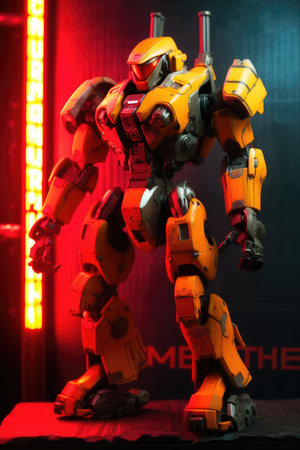 Yellow mecha giant robot with lights over building, created using generative ai technology. Mecha, science fiction and machines concept digitally generated image.の素材