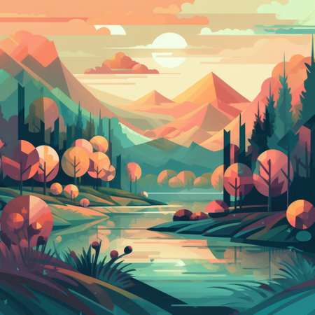 Sunset landscape with trees, mountains and river created using generative ai technology. Landscape and nature concept digitally generated image.の素材