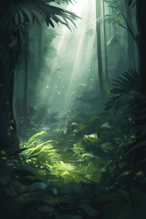 Rainforest with tropical plants and sun rays, created using generative ai technology. Rainforest, nature and scenery concept digitally generated image.の素材