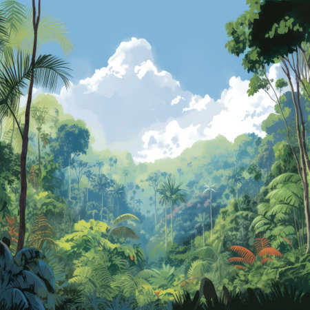 Rainforest with tropical plants and clouds in blue sky, created using generative ai technology. Rainforest, nature and scenery concept digitally generated image.の素材