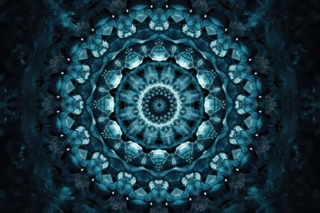 Close up of blue kaleidoscope shapes on black background created using generative ai technology. Abstract background and colour concept digitally generated image.の素材