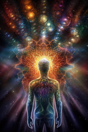 Human admiring colourful trails over space with stars, created using generative ai technology. Cosmos, space and planets, spirituality concept digitally generated image.の素材