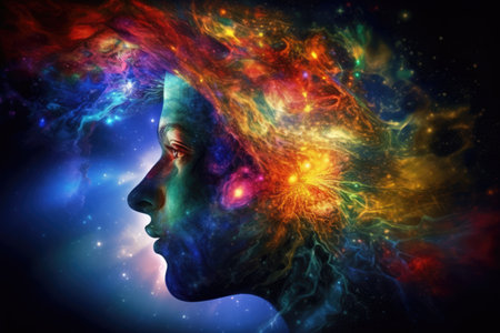 Human head made of colourful trails over space with stars, created using generative ai technology. Cosmos, space and planets, spirituality concept digitally generated image.の素材