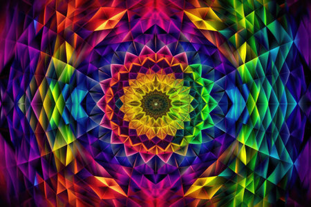 Close up of colorful kaleidoscope shapes created using generative ai technology. Abstract background and colour concept digitally generated image.の素材