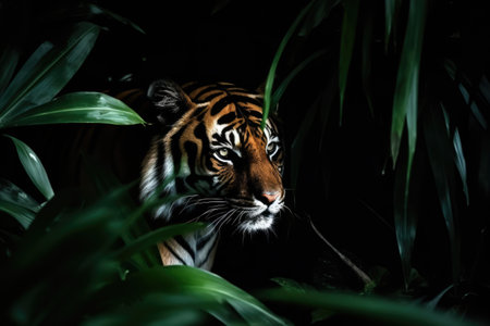 Portrait of tiger in tropical jungle leaves and plants, created using generative ai technology. Wild animal, wildlife, nature and beauty in nature concept digitally generated image.の素材