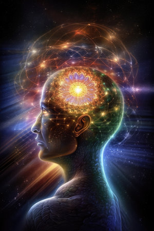 Human head made of colourful light trails over space, created using generative ai technology. Cosmos, space and planets, spirituality concept digitally generated image.の素材