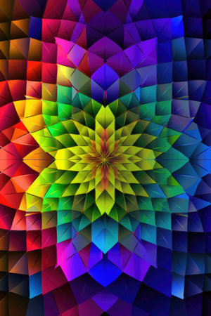 Close up of colorful kaleidoscope shapes, created using generative ai technology. Abstract background and colour concept digitally generated image.の素材