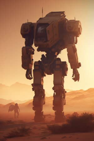 Mecha giant robot over desert, created using generative ai technology. Mecha, science fiction and machines concept digitally generated image.の素材