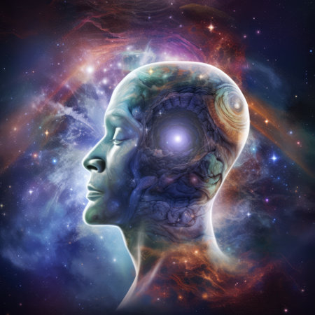 Male head made of colourful shapes and trails over stars, created using generative ai technology. Cosmos, space and planets, spirituality concept digitally generated image.の素材