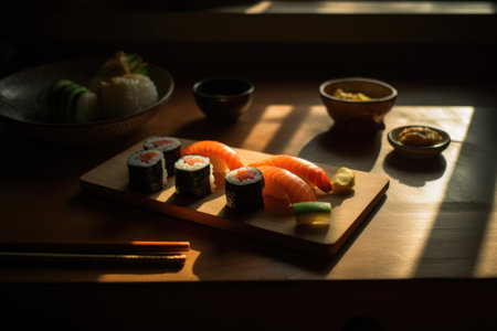 Close up of selection of sushi rolls on wooden tray, created using generative ai technology. Food, sushi and fresh japanese cuisine concept digitally generated image.の素材