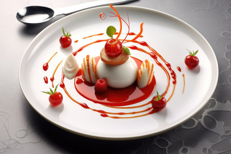 Close up of white plate with dessert and fruit created using generative ai technology. Dinner, restaurant and food concept digitally generated image.の素材
