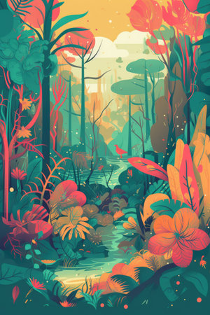 Rainforest with river and tropical plants at sunset, created using generative ai technology. Rainforest, nature and scenery concept digitally generated image.の素材
