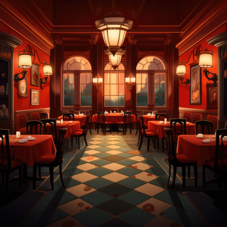 General view of fancy restaurant interiors with city view, created using generative ai technology. Restaurant, dining and interiors concept digitally generated image.の素材