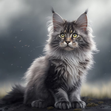 Close up of grey maine coon cat on grey background created using generative ai technology. Animals and nature concept digitally generated image.の素材