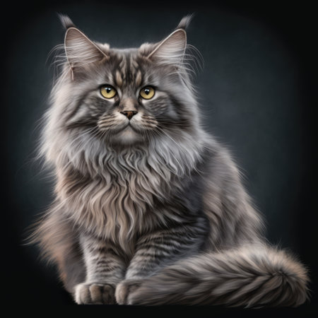 Close up of grey maine coon cat on black background created using generative ai technology. Animals and nature concept digitally generated image.の素材