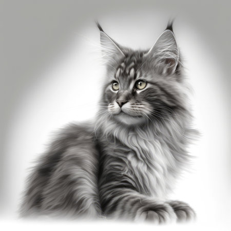 Close up of grey maine coon cat on white background created using generative ai technology. Animals and nature concept digitally generated image.の素材