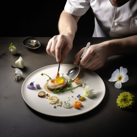 Close up of caucasian chef decorating food on plate created using generative ai technology. Dinner, restaurant and food concept digitally generated image.の素材