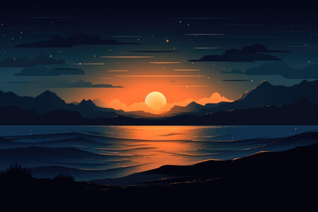 Sunset landscape with trees, mountains and lake created using generative ai technology. Landscape and nature concept digitally generated image.の素材