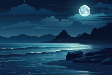 Landscape mountains and sea at night created using generative ai technology. Landscape and nature concept digitally generated image.の素材