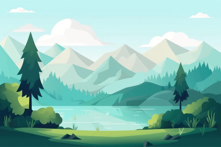 Landscape with trees, mountains and lake created using generative ai technology. Landscape and nature concept digitally generated image.の素材