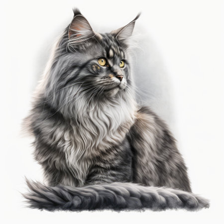 Close up of grey maine coon cat on white background created using generative ai technology. Animals and nature concept digitally generated image.の素材