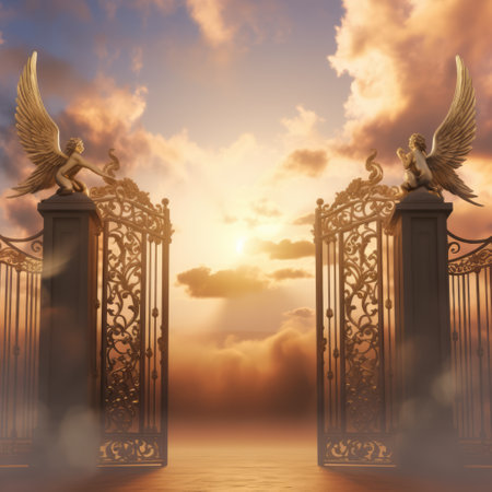 Gates of heaven with clouds and sun setting, created using generative ai technology. Heaven, sky and paradise concept digitally generated image.の素材