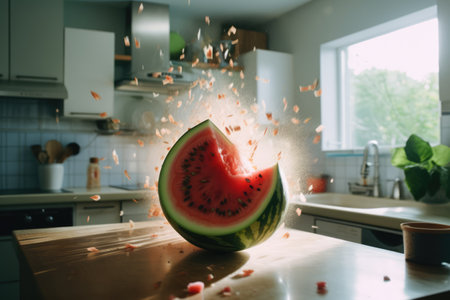 Watermelon exploding on countertop in kitchen created using generative ai technology. Explosion and fruit concept digitally generated image.の素材