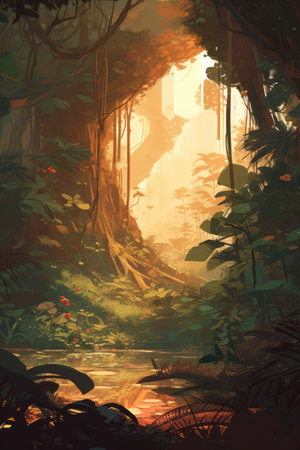 Rainforest with tropical plants at sunset, created using generative ai technology. Rainforest, nature and scenery concept digitally generated image.の素材