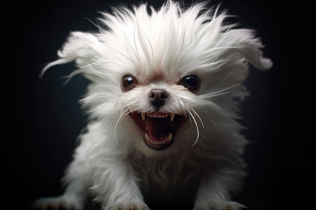 Small chihuahua angry white dog on black background created using generative ai technology. Animals, pets and nature concept digitally generated image.の素材