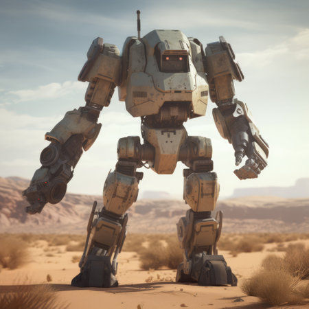 Mecha giant robot with lights over desert, created using generative ai technology. Mecha, science fiction and machines concept digitally generated image.の素材
