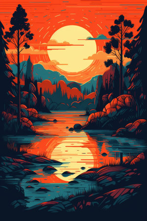 Sunset landscape with trees, mountains and river created using generative ai technology. Landscape and nature concept digitally generated image.の素材