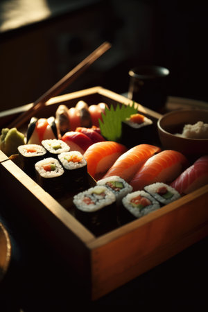 Close up of selection of sushi rolls on wooden plate, created using generative ai technology. Food, sushi and fresh japanese cuisine concept digitally generated image.の素材