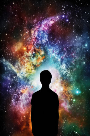 Man admiring view of space with colourful trails and stars, created using generative ai technology. Cosmos, space and planets, spirituality concept digitally generated image.の素材