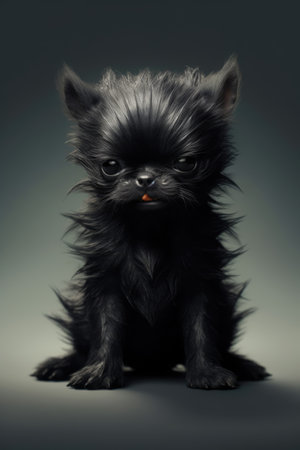 Small chihuahua angry black dog on black background created using generative ai technology. Animals, pets and nature concept digitally generated image.の素材