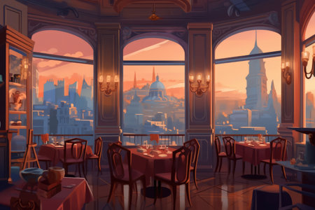 General view of fancy restaurant interiors with city view, created using generative ai technology. Restaurant, dining and interiors concept digitally generated image.の素材