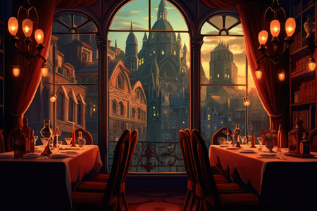 General view of fancy restaurant interiors with city view, created using generative ai technology. Restaurant, dining and interiors concept digitally generated image.の素材