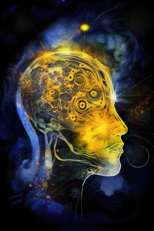 Human head made of colourful trails over space with stars, created using generative ai technology. Cosmos, space and planets, spirituality concept digitally generated image.の素材