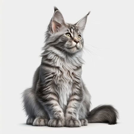 Close up of grey maine coon cat on white background created using generative ai technology. Animals and nature concept digitally generated image.の素材