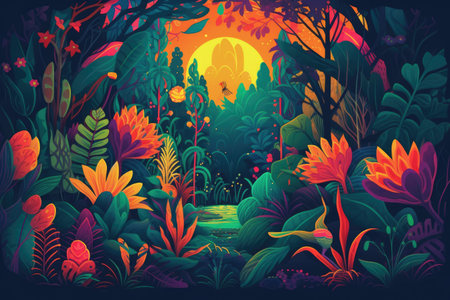 Rainforest with lake and tropical plants at sunset, created using generative ai technology. Rainforest, nature and scenery concept digitally generated image.の素材