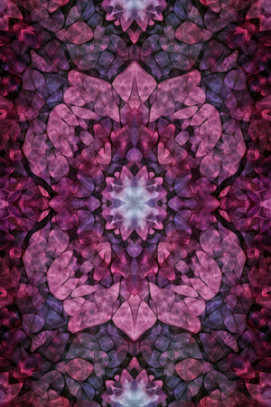 Close up of purple kaleidoscope shapes on black background created using generative ai technology. Abstract background and colour concept digitally generated image.の素材