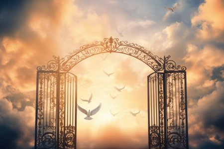Gates of heaven with clouds and birds, created using generative ai technology. Heaven, sky and paradise concept digitally generated image.の素材