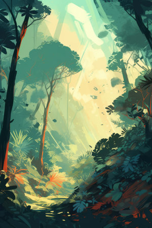 Rainforest with tropical plants at sun rays, created using generative ai technology. Rainforest, nature and scenery concept digitally generated image.の素材