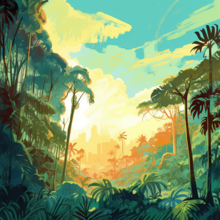 Rainforest with tropical plants at sun shine, created using generative ai technology. Rainforest, nature and scenery concept digitally generated image.の素材